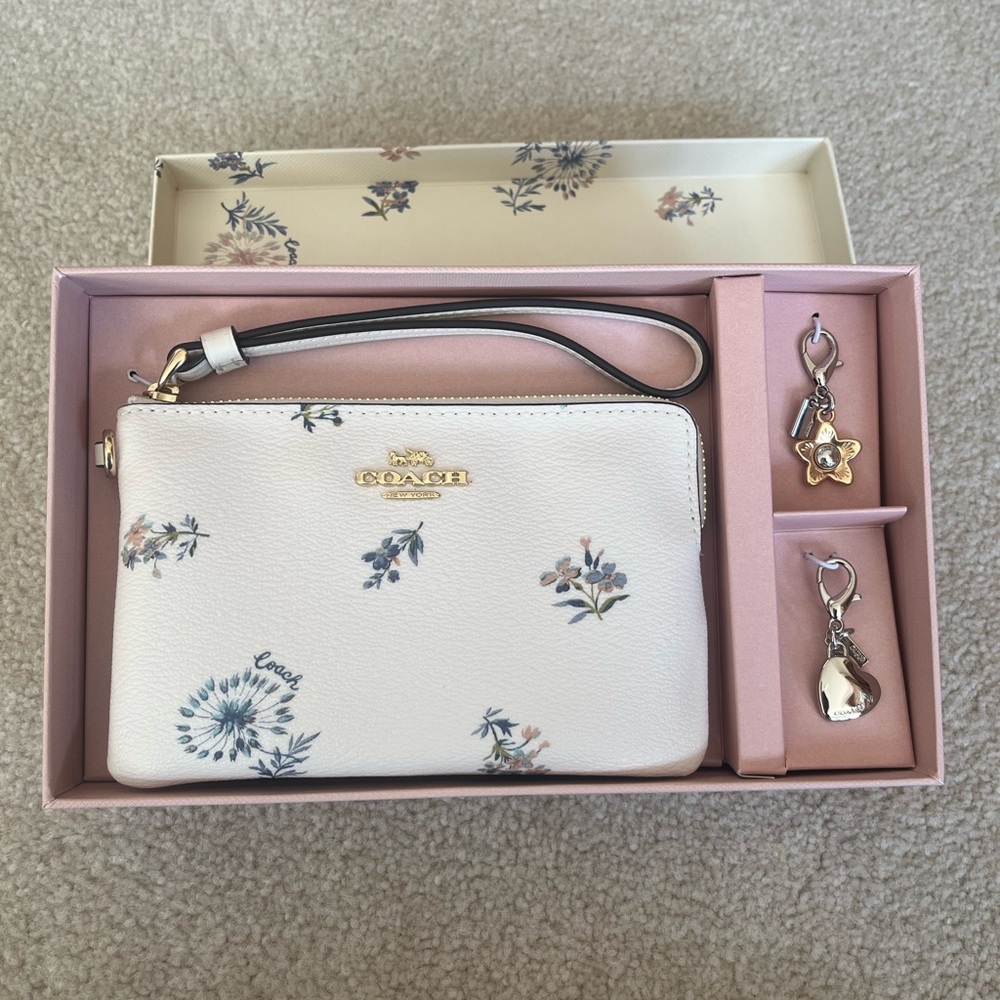 Coach Floral Corner Zip Wristlet with Charms